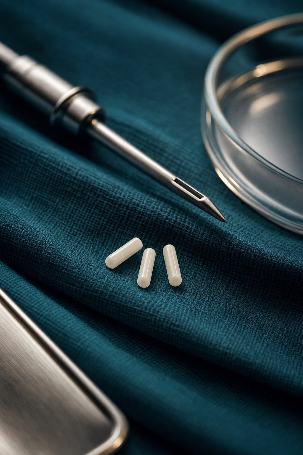 Pellets hormonais sobre campo cirúrgico — implantes hormonais