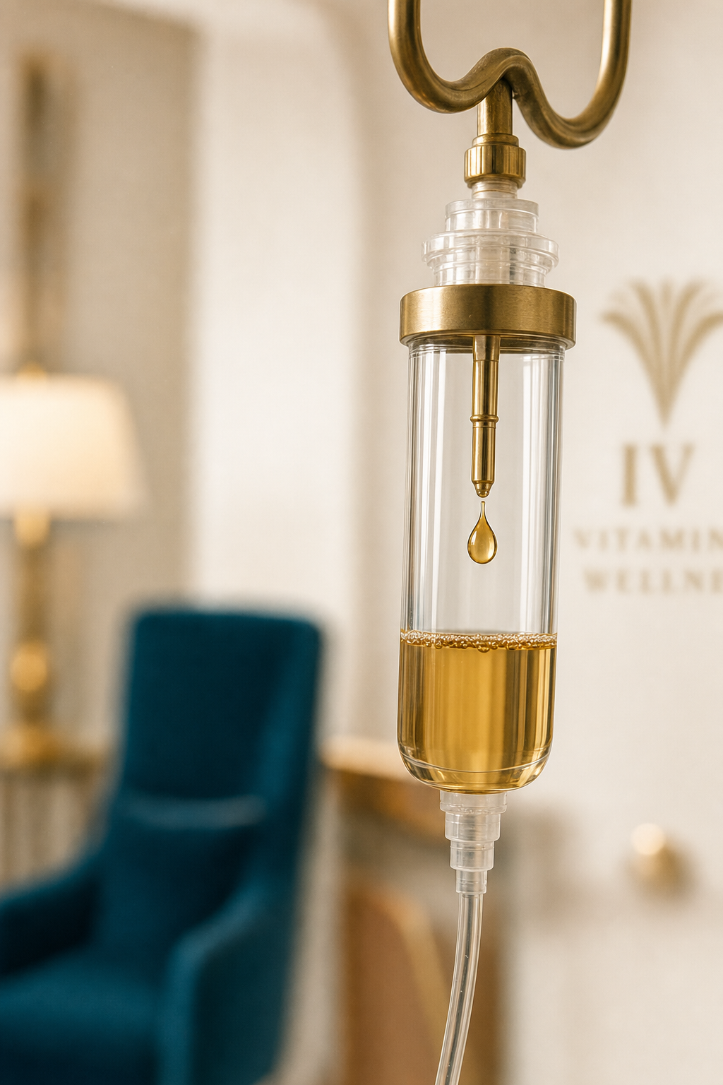 Câmara de gotejamento IV com soro vitamínico dourado